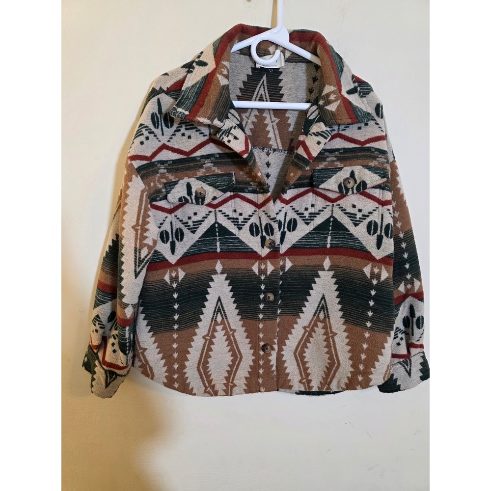 New In Southwestern Aztec Fleece Button Down Shacket Brown Tan Mens Medium‎